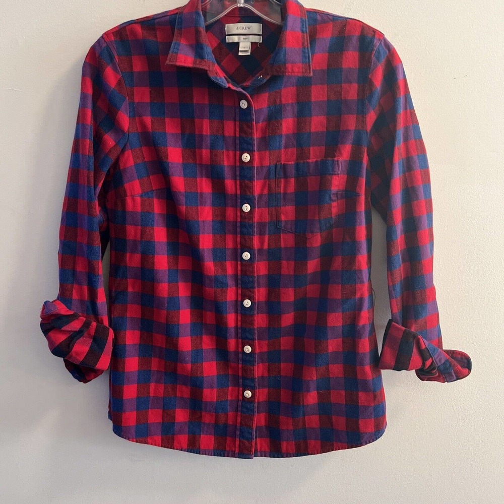 J Crew Boy Shirt Size 0 XS Plaid Red Blue Cotton Button Down Gingham